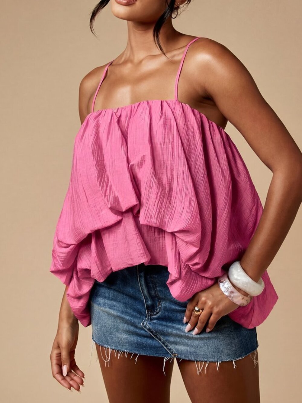 Pink Casual Women's Bubble Hem Cami Tank Top with Ruffles and Spaghetti Straps